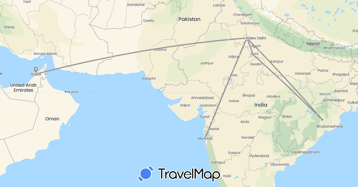 TravelMap itinerary: plane in United Arab Emirates, India (Asia)